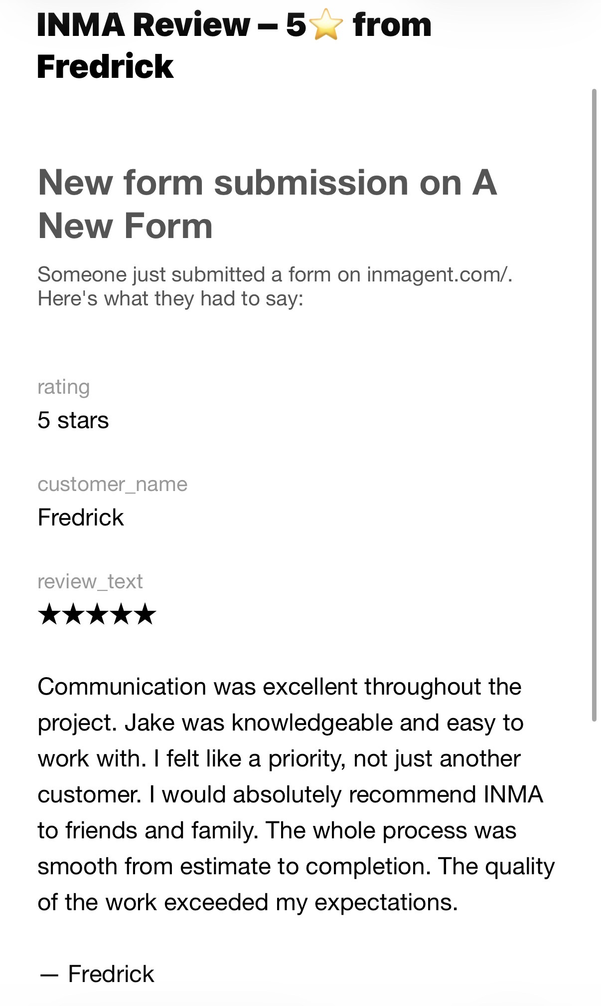 5-star review from Fredrick
